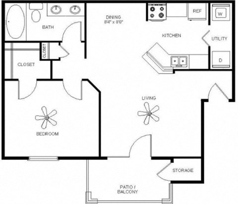 Floor plan for 1 bed, 1 bath, 736 sqft